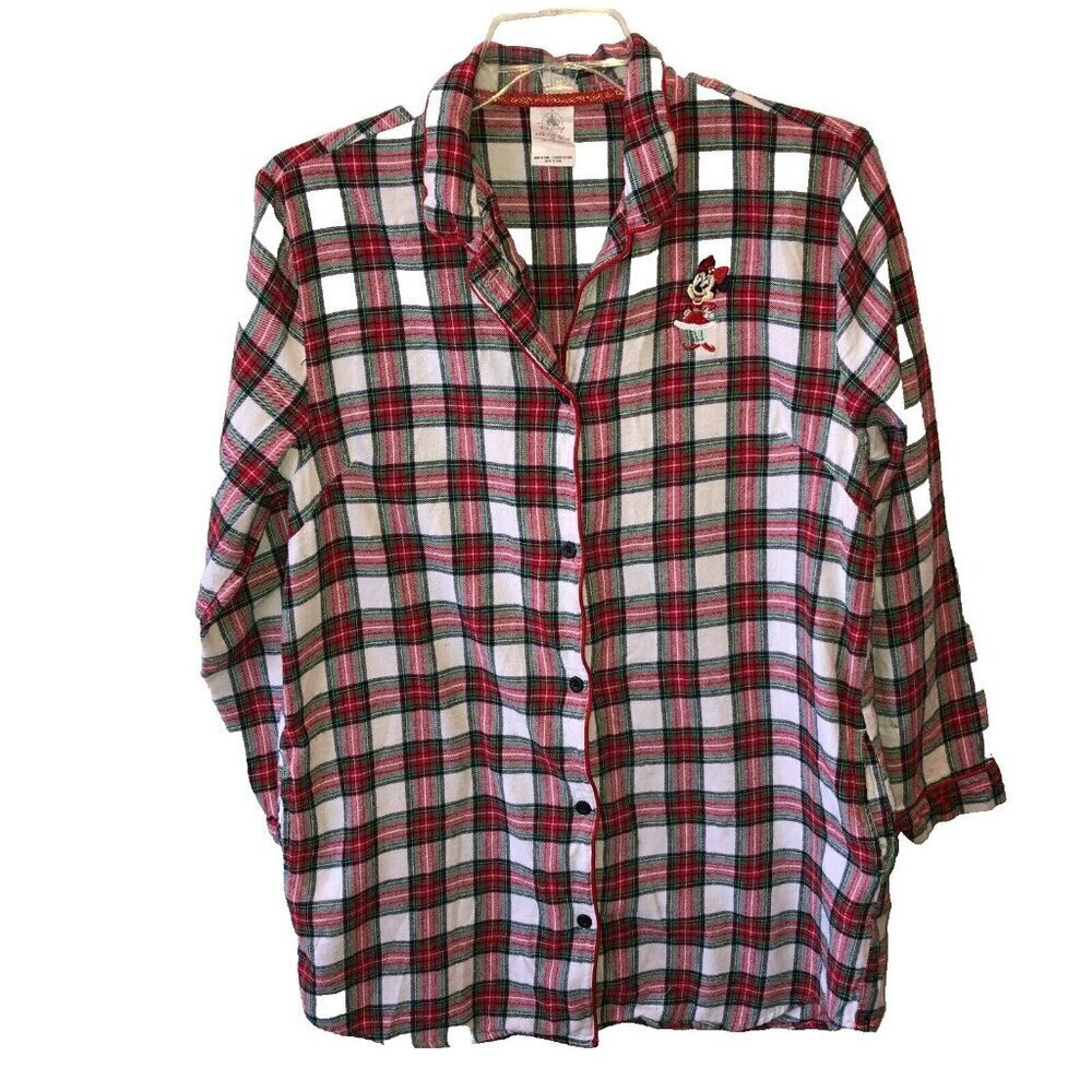 Disney Store Embroidered Minnie Mouse Womens Large Red Plaid Flannel Shirt Sz L